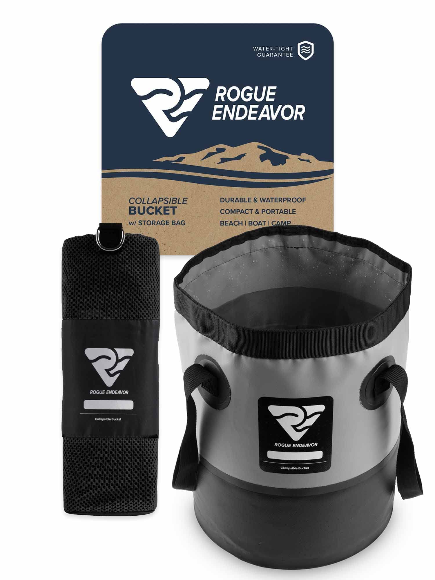 Rogue Endeavor collapsible bucket 3 gallon (15L) in black with mesh bag – front view