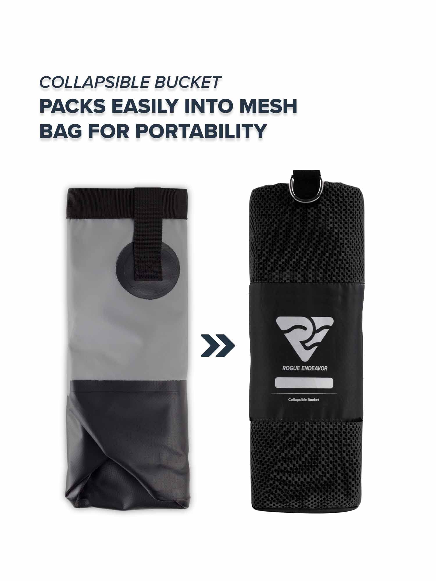 Collapsed bucket stored in premium mesh carry bag