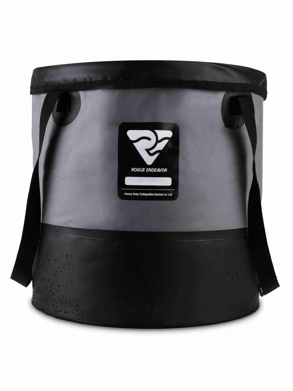 Rogue Endeavor collapsible bucket in use near water for camping and cleaning tasks.