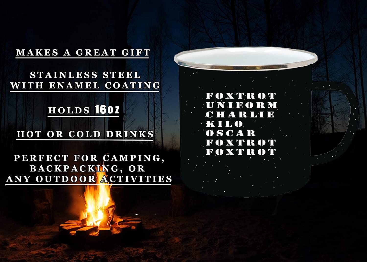 Rogue River Tactical Foxtrot OFF camp mug enamel coating close-up for durable outdoor use