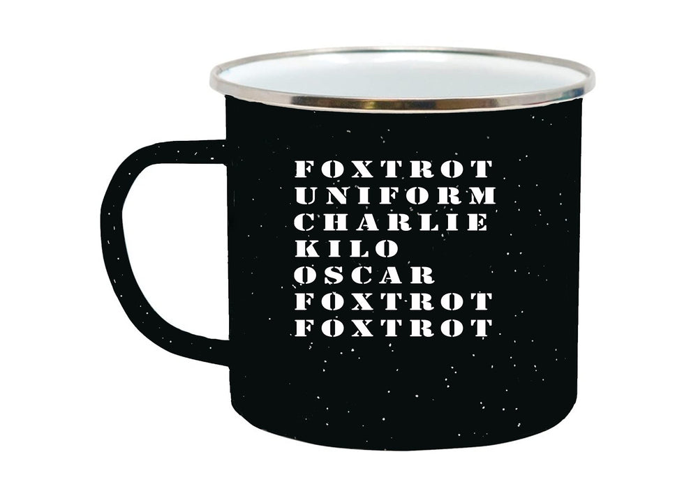 Rogue River Tactical Foxtrot OFF camp mug front view with enamel coating for rugged outdoors