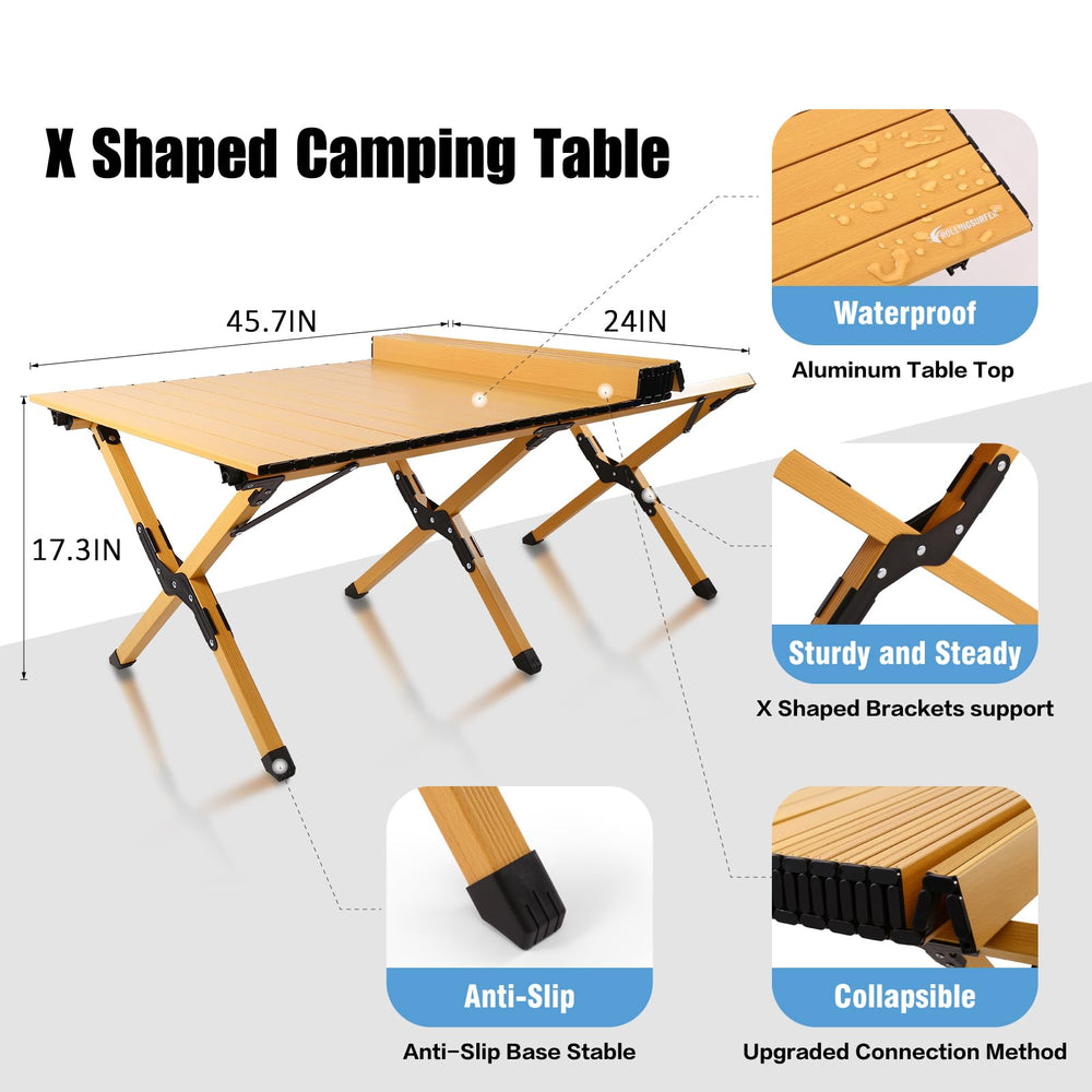 rollingsurfer folding table x-legged stability shows sturdy outdoor setup on uneven ground