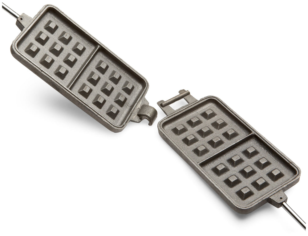 Rome 1405 cast iron waffle iron with steel and wood handles ready for camping.