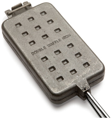 Rome 1405 waffle iron head and long handle shown for easy open-fire cooking.