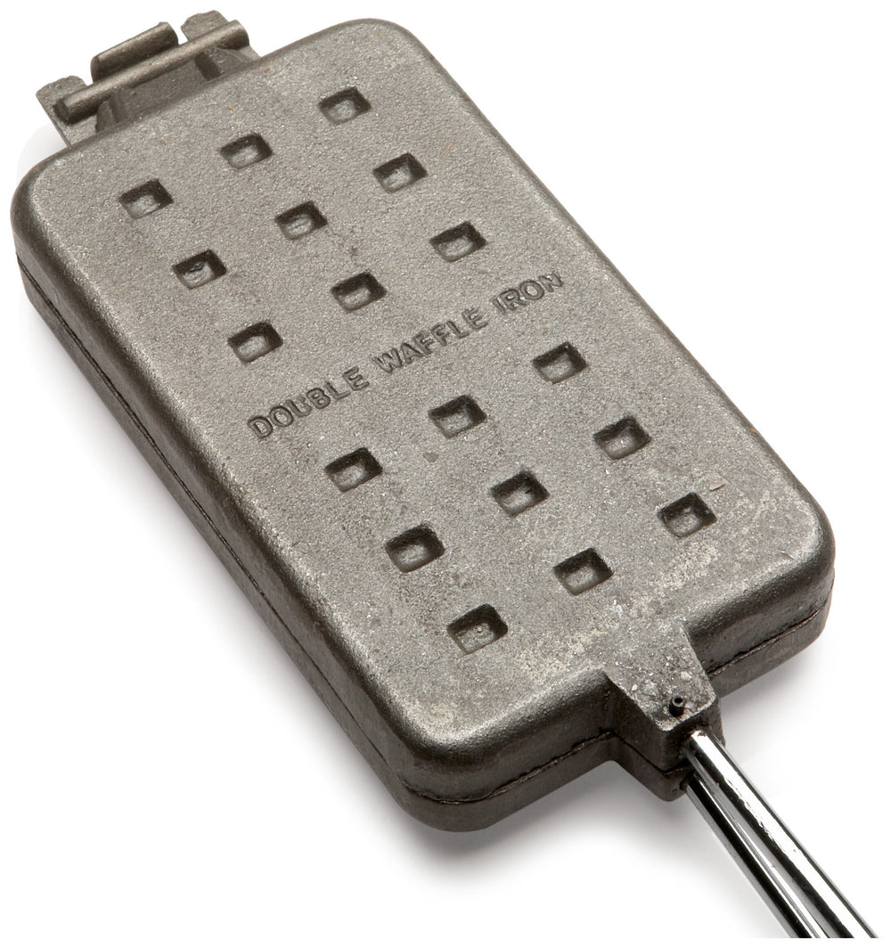 Rome 1405 waffle iron head and long handle shown for easy open-fire cooking.