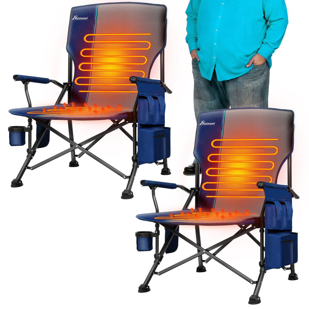 Romswi heated camping chair dual-zone heating for cozy warmth on cold outings.