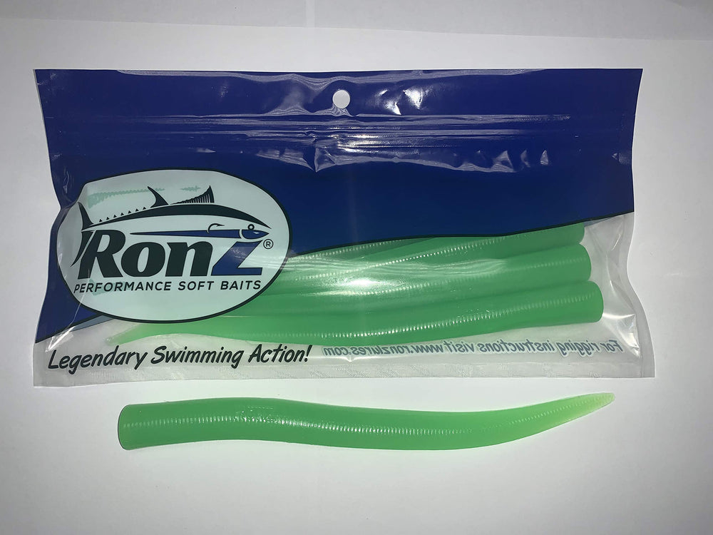 RONZ 8-inch replacement tails in green glow for improved rigging and lifelike action