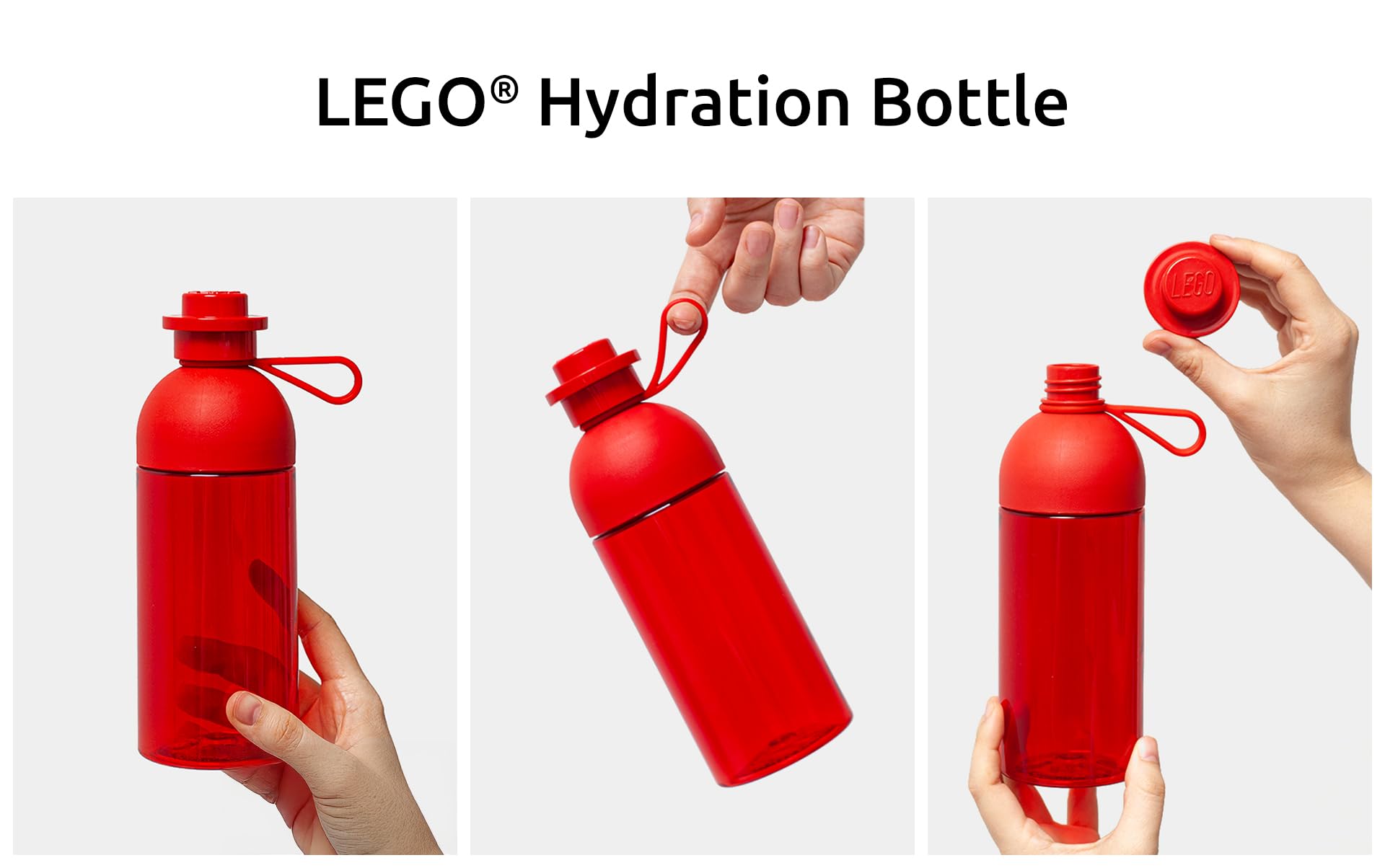 Room Copenhagen LEGO hydration bottle in use, ideal for school and sports hydration on the go.