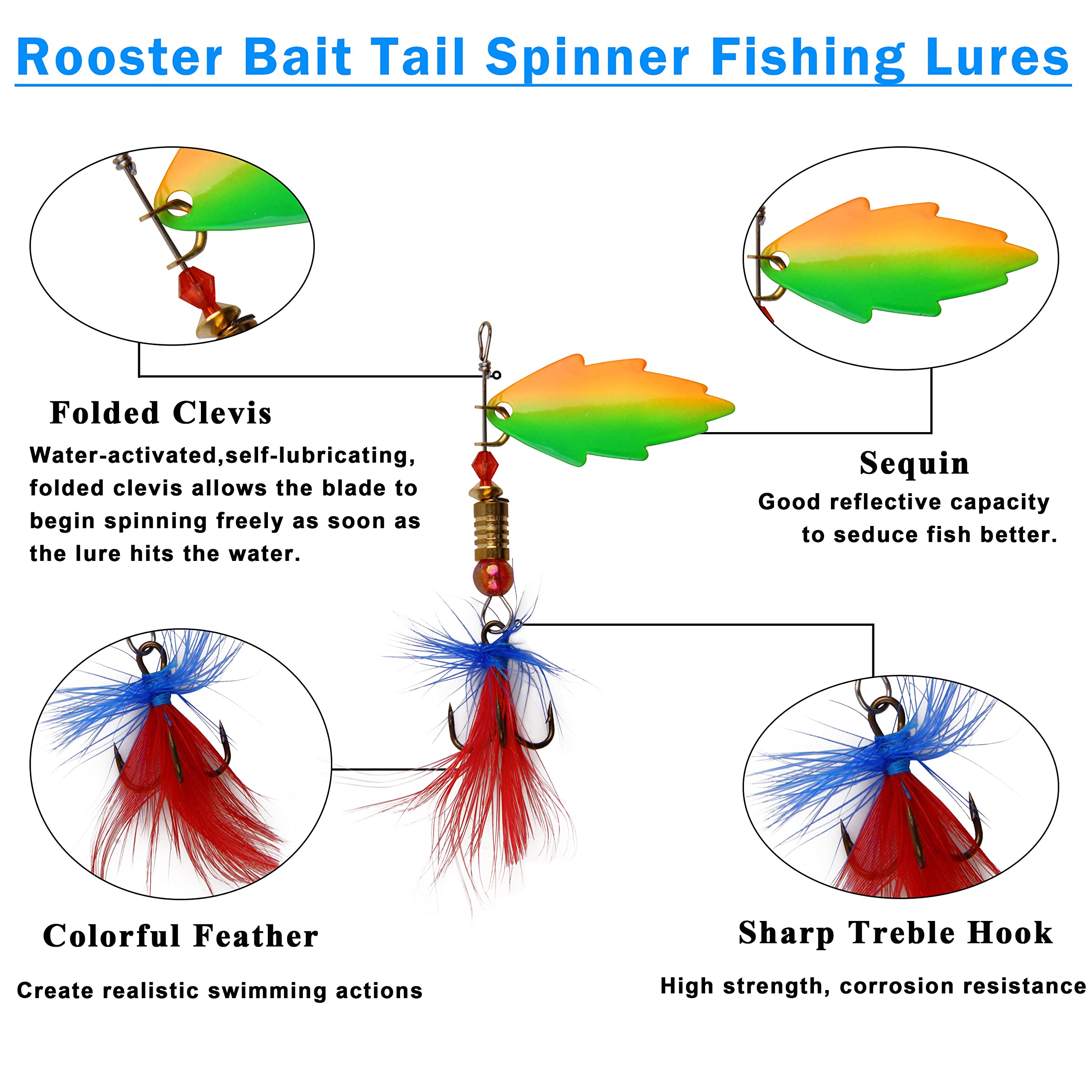 Close-up of colorful rooster tail spinner lures with feathers