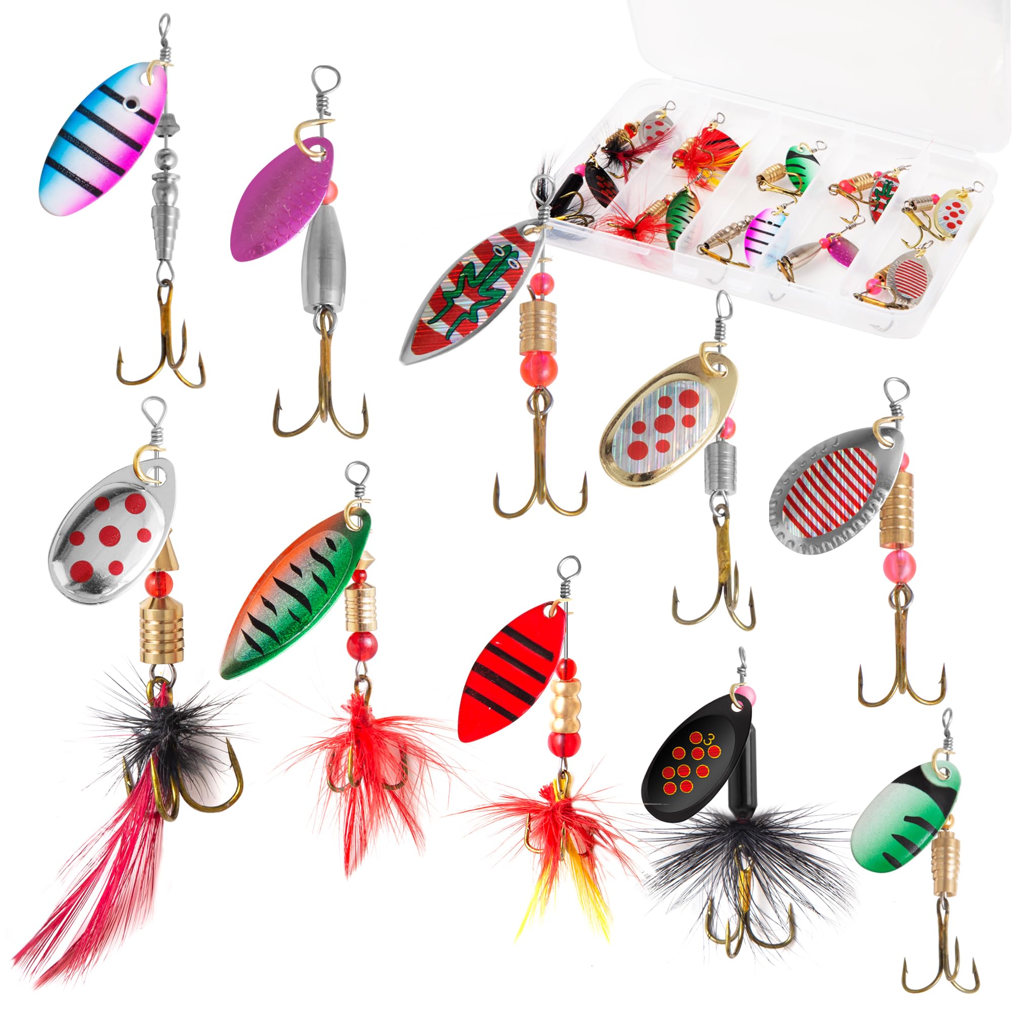 Front view of 10-piece Rooster Tail spinner lures kit with tackle box