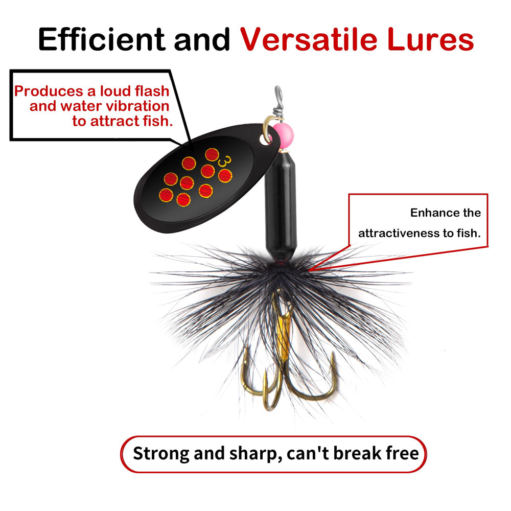 Colorful Rooster Tail spinner lures kit in tackle box with varied patterns