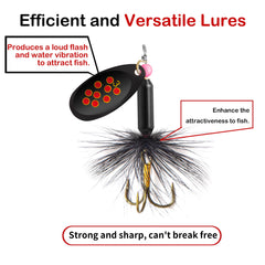 Colorful Rooster Tail spinner lures kit in tackle box with varied patterns