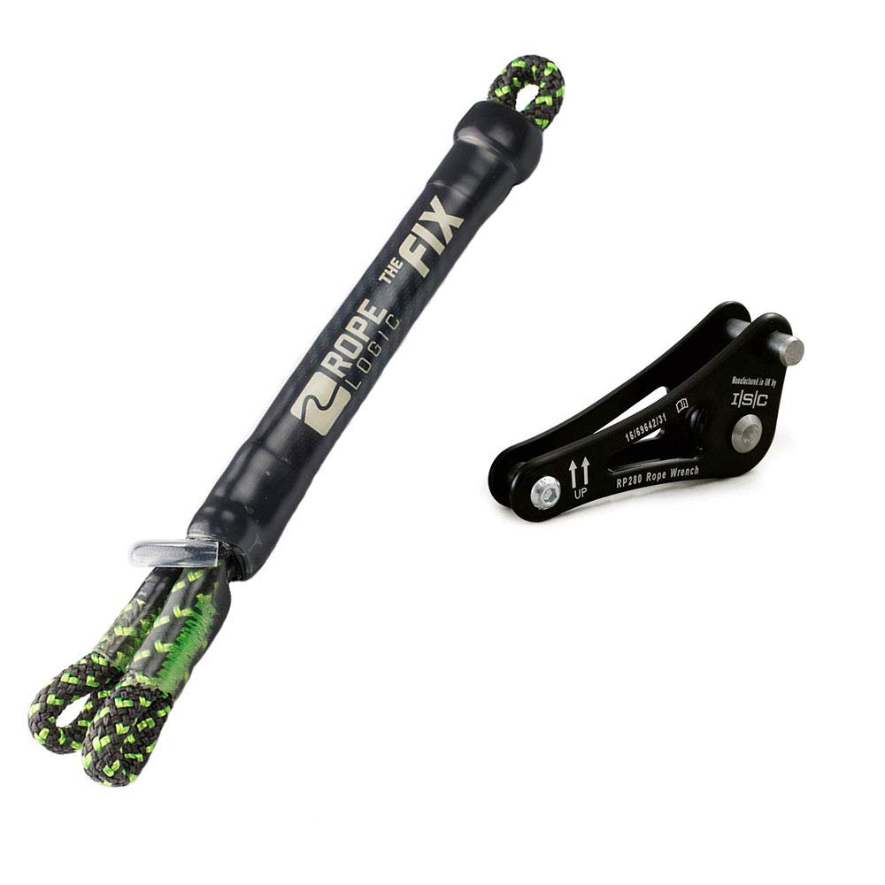 ROPE Logic Singing Tree Rope Wrench in black with FIX Tether in use for smoother rope friction