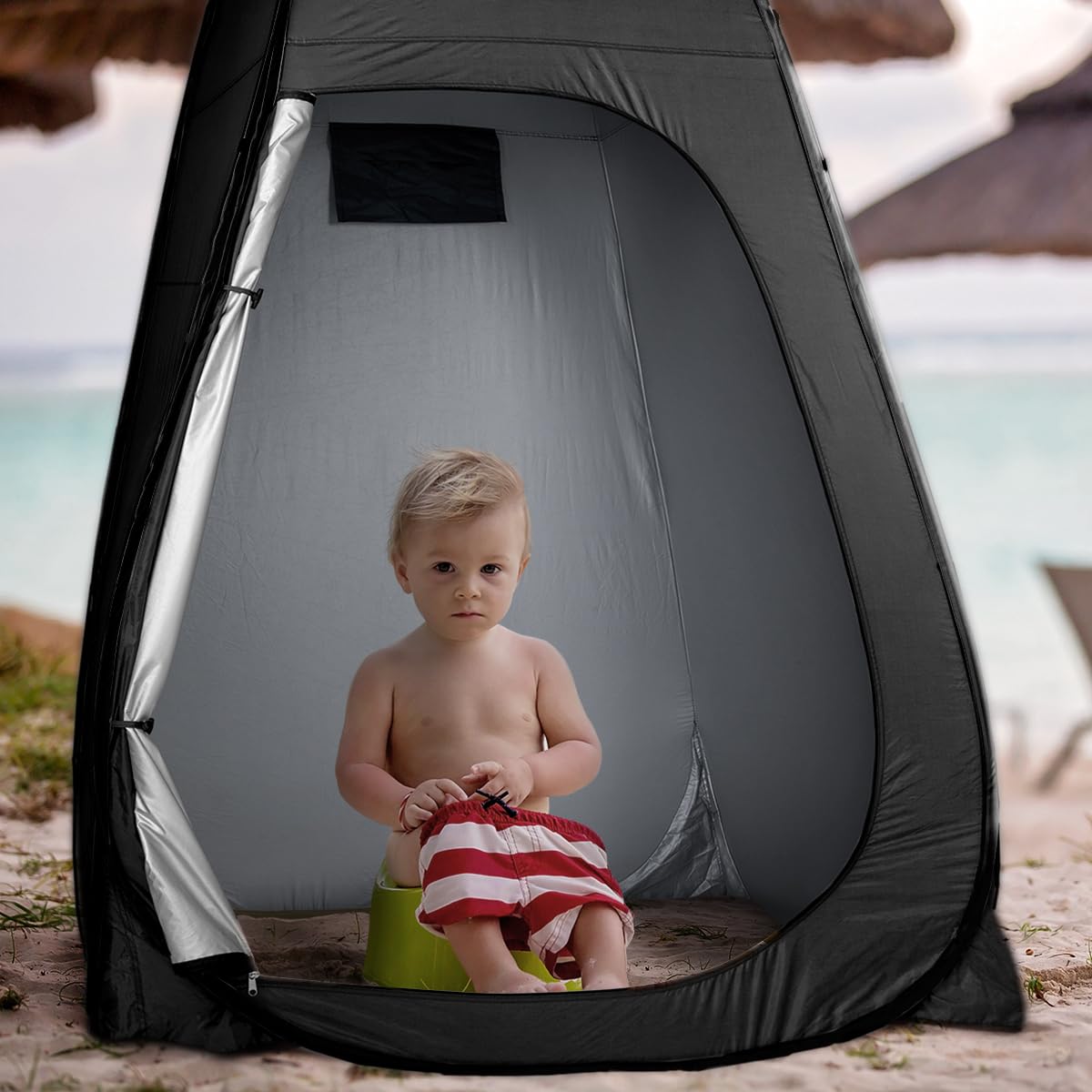 ropoda changing tent folds compactly into a carrying bag for easy transport