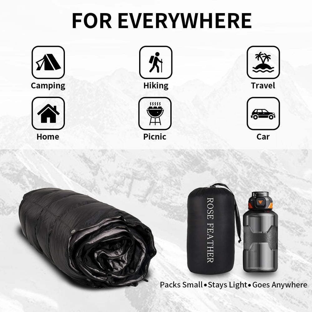 ROSE FEATHER adjustable rope lock turns the blanket into a backpacking sleeping bag.