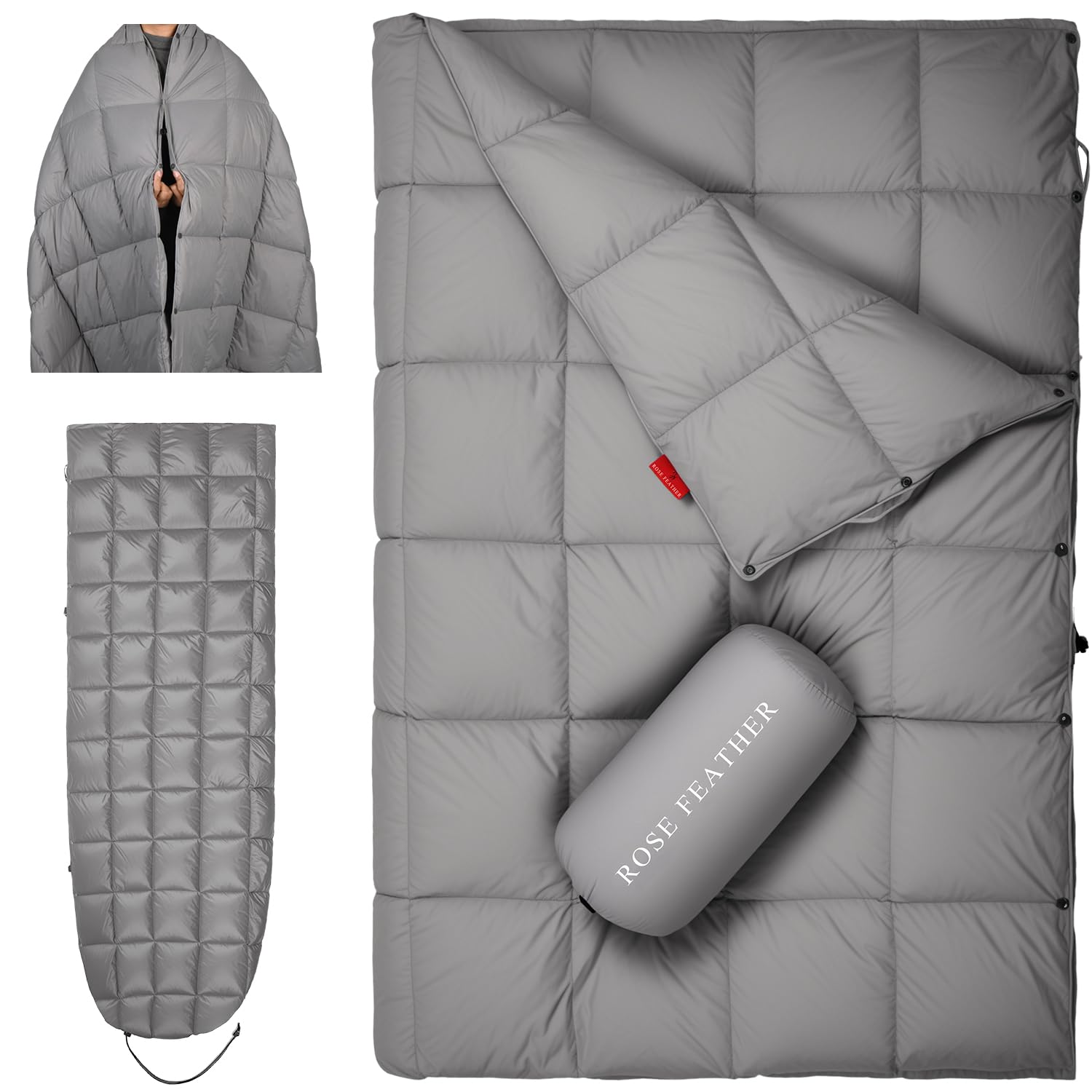ROSE FEATHER Down Camping Blanket folded compact for easy travel and quick warmth