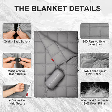 ROSE FEATHER Down Camping Blanket open 55x79 for roomy warmth on outdoor adventures