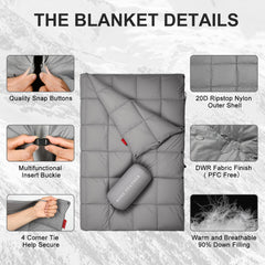ROSE FEATHER Down Camping Blanket open 55x79 for roomy warmth on outdoor adventures