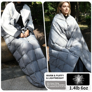 ROSE FEATHER Down Camping Blanket worn as poncho for hands-free warmth outdoors