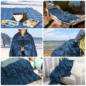 ROSE FEATHER down camping blanket laid flat at 55x79 for roomy outdoor lounging.