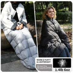 ROSE FEATHER Down Camping Blanket showing 650+ fill power for superior warmth.