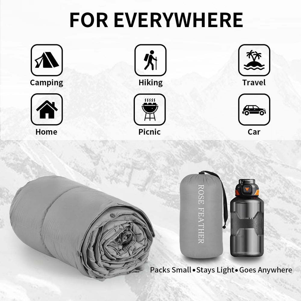 ROSE FEATHER down camping blanket corner loops help you anchor on ground or gear.