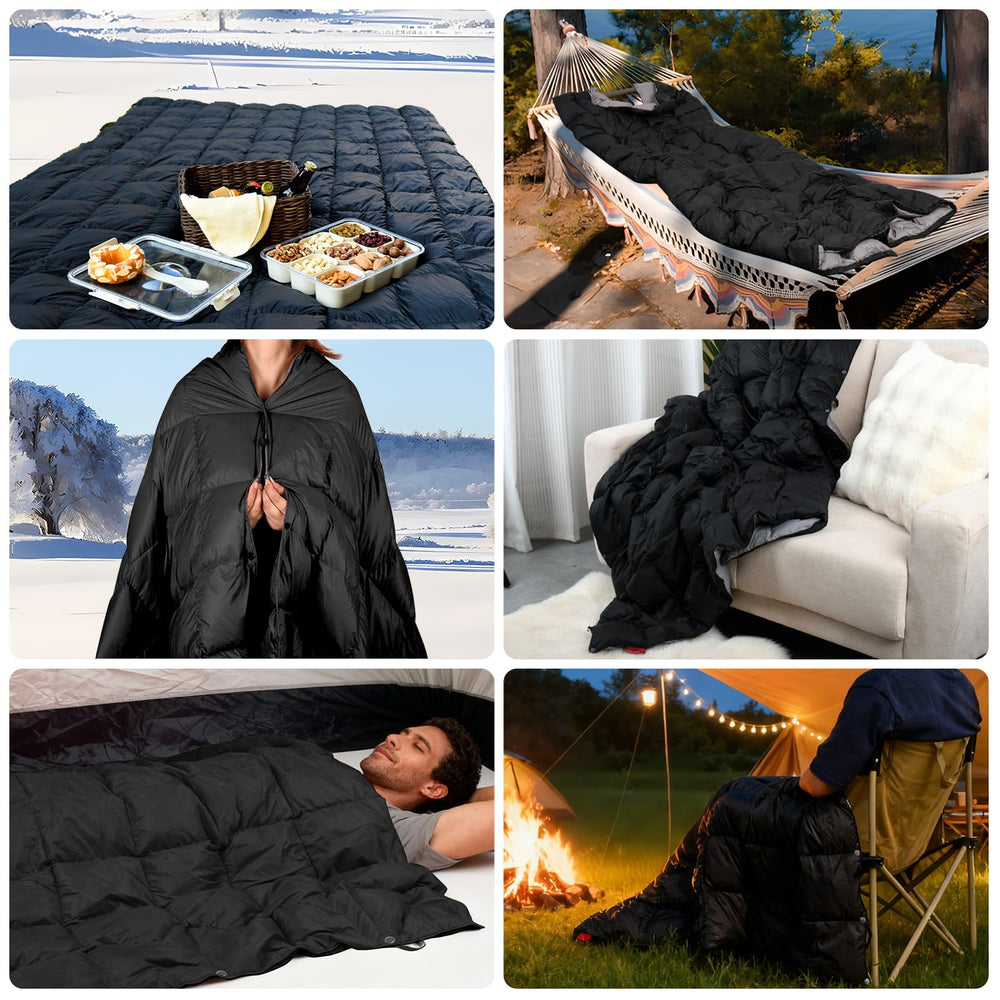 ROSE FEATHER Down Camping Blanket footbox and poncho options for versatile warmth.