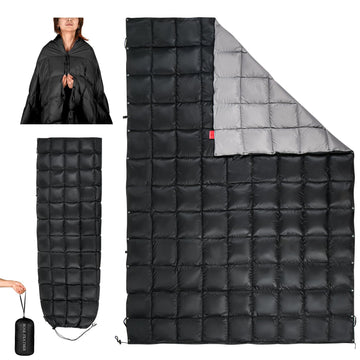 ROSE FEATHER down camping blanket packs into a compact bag for on-the-go warmth.
