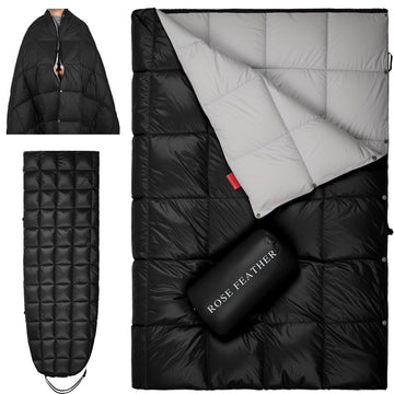 ROSE FEATHER Down Camping Blanket in compact folded form for easy travel warmth.
