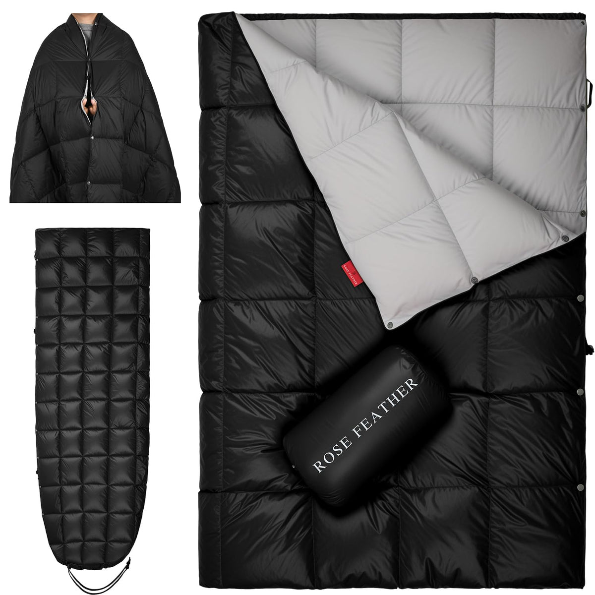 ROSE FEATHER Down Camping Blanket in compact folded form for easy travel warmth.