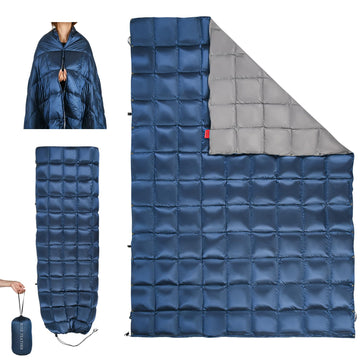 ROSE FEATHER down camping blanket packed in carry bag for easy travel warmth.