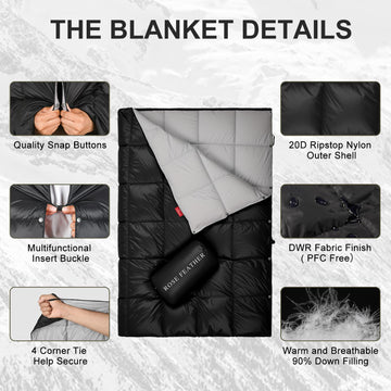 ROSE FEATHER Down Camping Blanket with water-resistant nylon shell protects against drizzle.