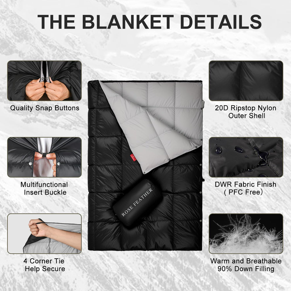 ROSE FEATHER Down Camping Blanket with water-resistant nylon shell protects against drizzle.