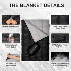 ROSE FEATHER Down Camping Blanket with water-resistant nylon shell protects against drizzle.
