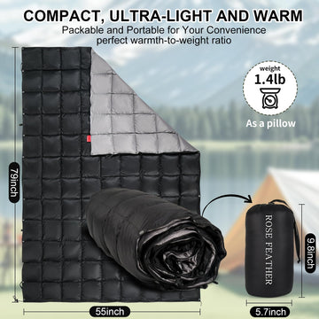 ROSE FEATHER Down Camping Blanket worn as a poncho for hands-free warmth.