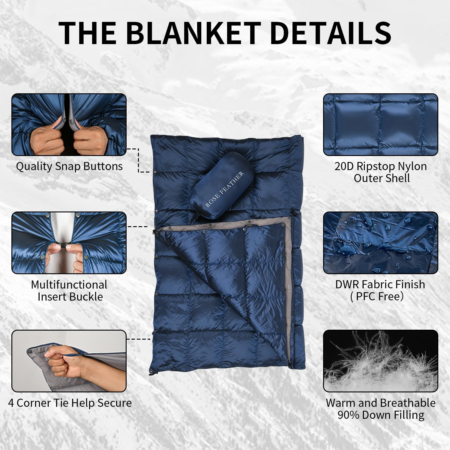 ROSE FEATHER windproof buckle keeps the blanket snug against chilly gusts.