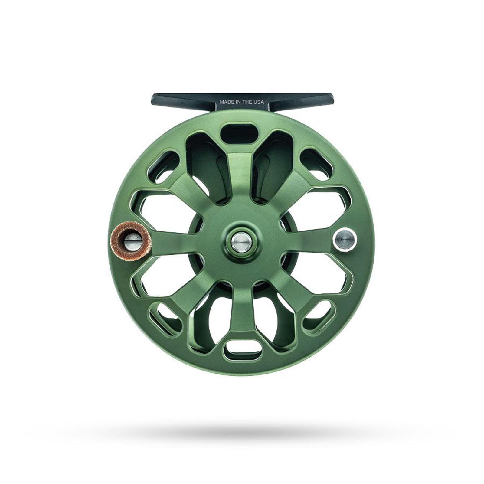Closeup of Ross Cimarron Fly Reel Matte Olive 4/5WT Made in USA drag knob and frame