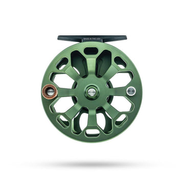 Closeup of Ross Cimarron Fly Reel Matte Olive 4/5WT Made in USA drag knob and frame