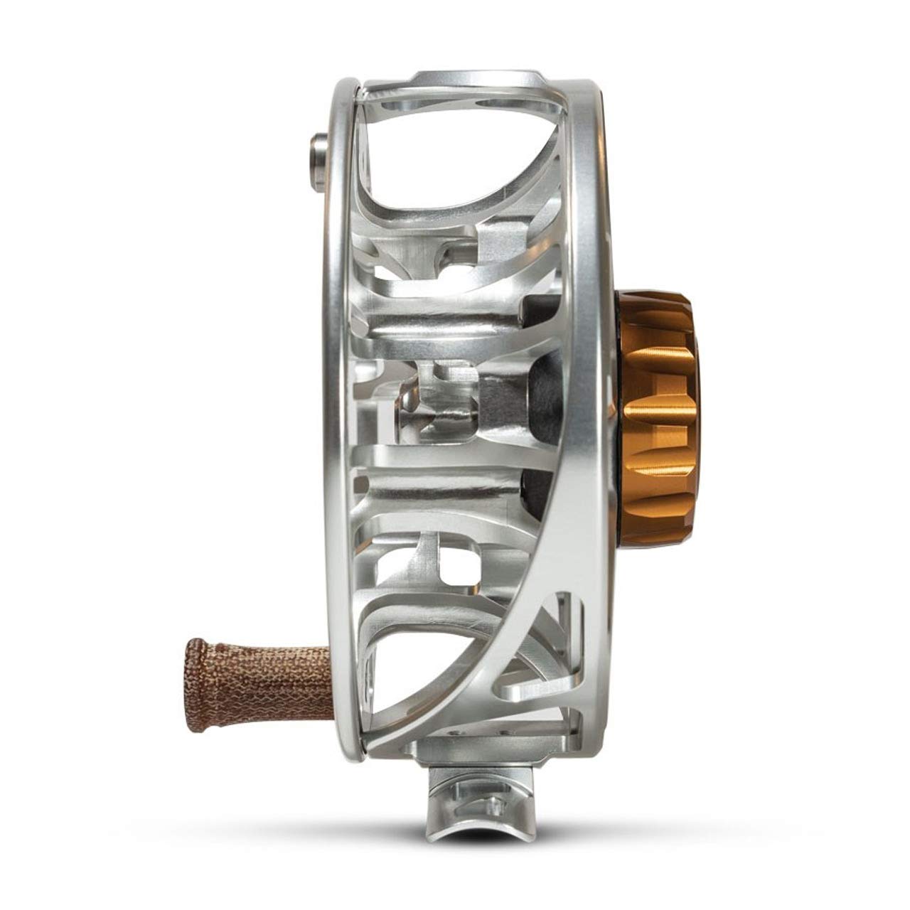 Close-up of canvas phenolic handle and drag system on Ross Animas reel