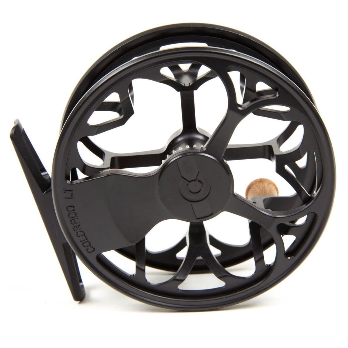 TIEMCO Colorado matte black 4/5 reel close-up highlighting compact diameter for lighter setups.