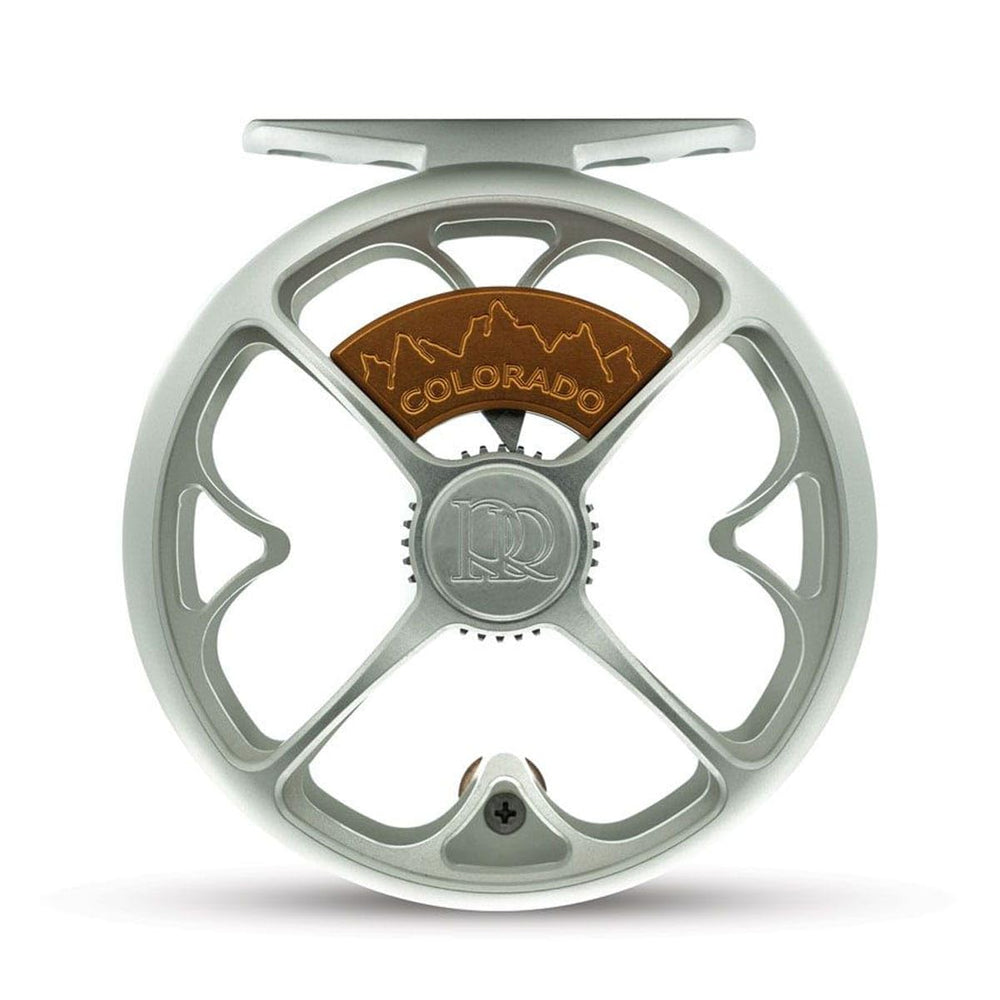 Ross Reels TIEMCO Colorado matte platinum 4/5 reel front view; compact, balanced freshwater performance.