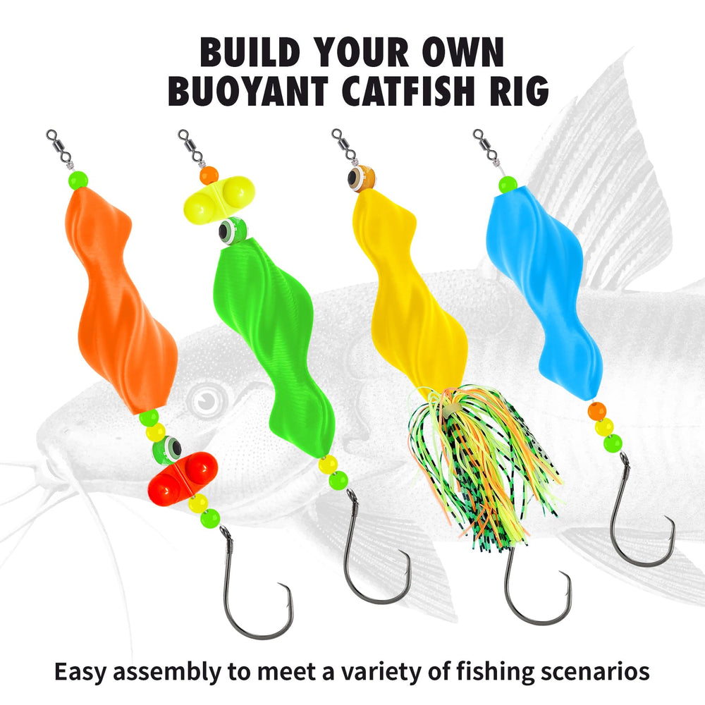 Dual rattle beads on rotating catfish float - orange/yellow colors
