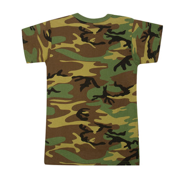 Rothco 7703 kids woodland camo t-shirt back view showing full pattern