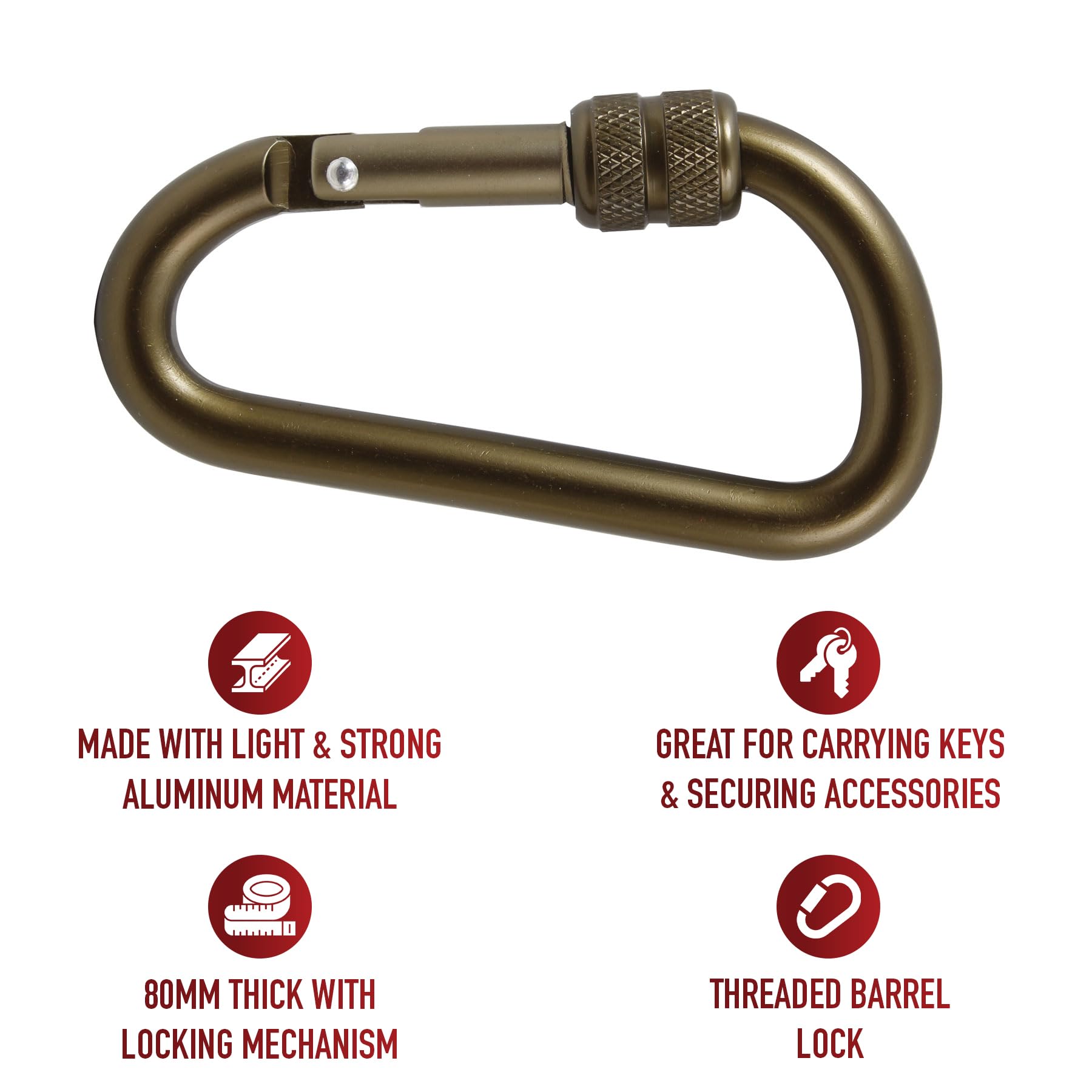 Rothco 80mm locking carabiner attached to belt loop showing lightweight, durable design.