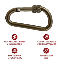 Rothco 80mm locking carabiner attached to belt loop showing lightweight, durable design.