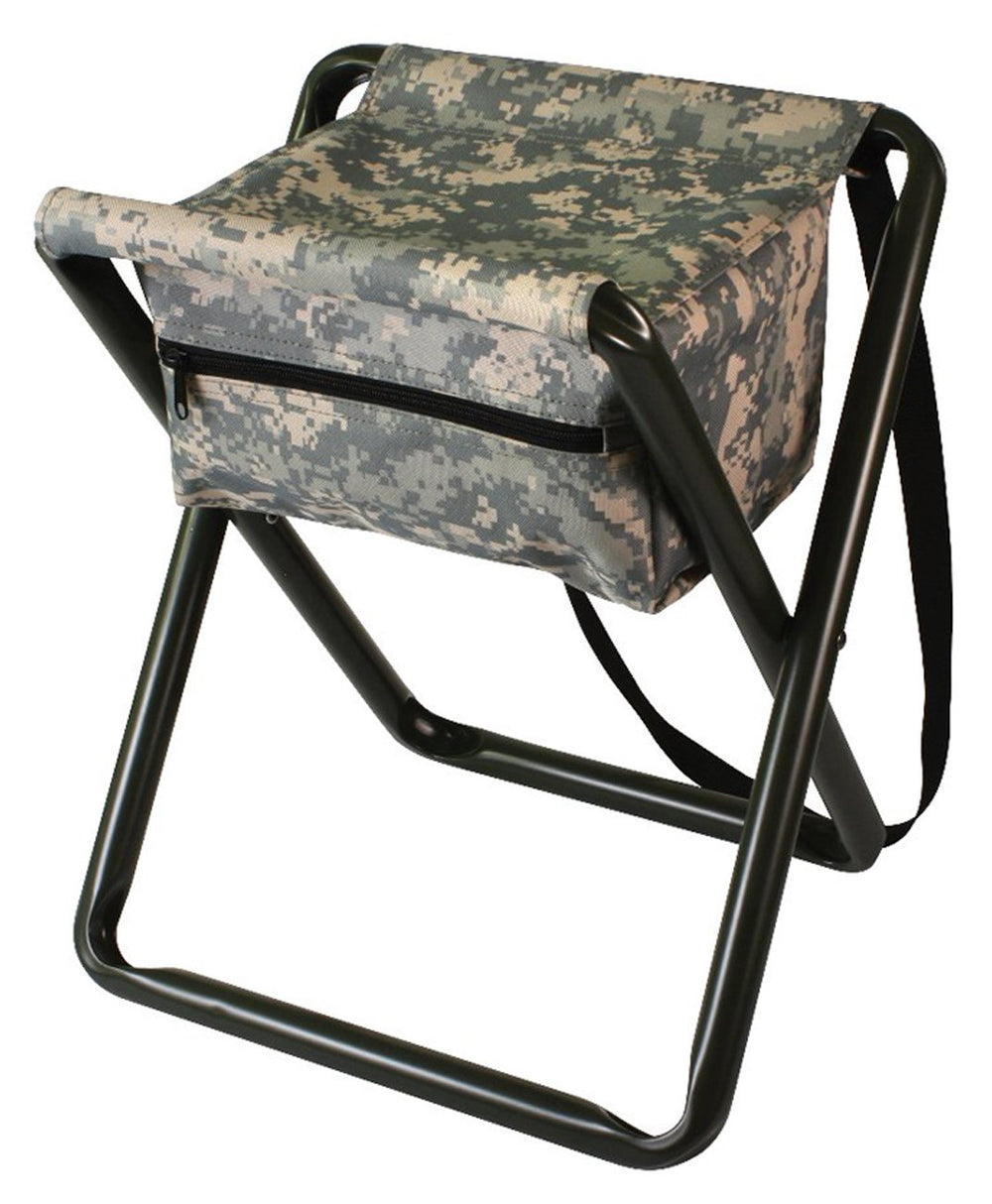 Rothco ACU digital camouflage folding stool with pouch for outdoor seating and gear storage.