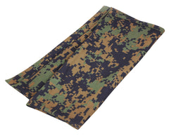 Rothco bandana face covering in woodland digital camo for sun and dust protection during hiking.