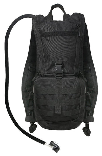 Rothco Black Military Rapid Trek Hydration Pack with 3L bladder for on-the-go hiking hydration.