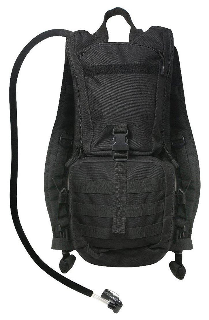 Rothco Black Military Rapid Trek Hydration Pack with 3L bladder for on-the-go hiking hydration.