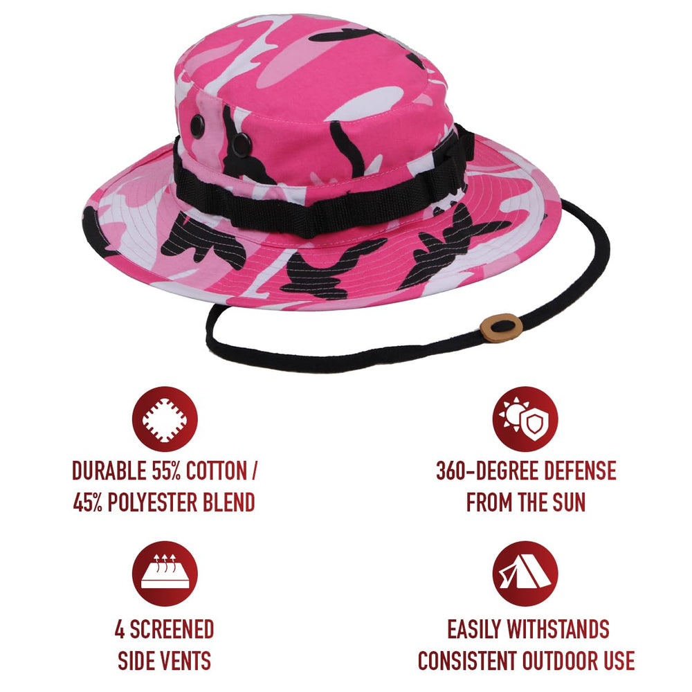 Rothco boonie hat with wide brim shields face from direct sun during hikes.